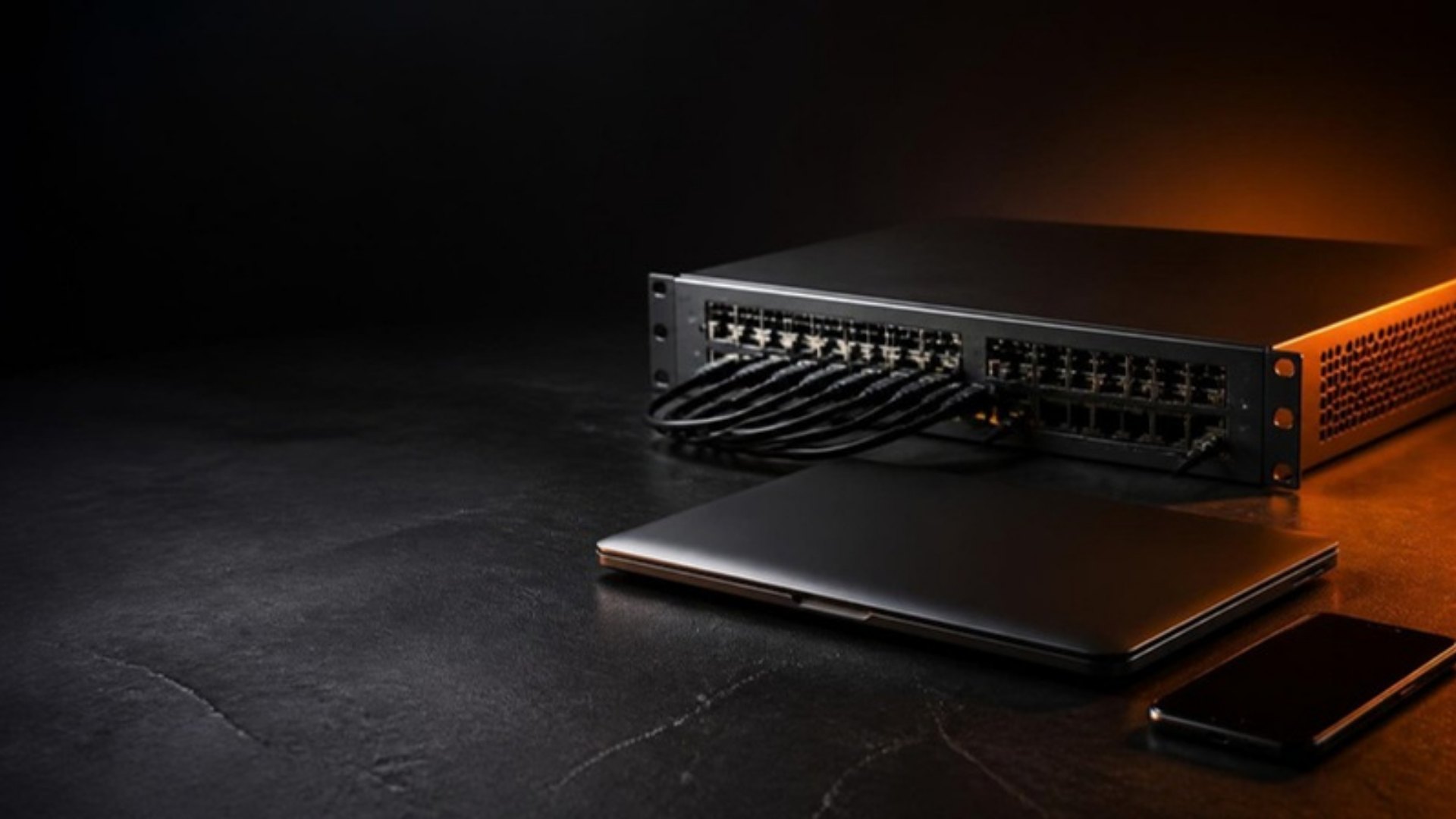 A network switch, laptop and smartphone lit by a warm orange light