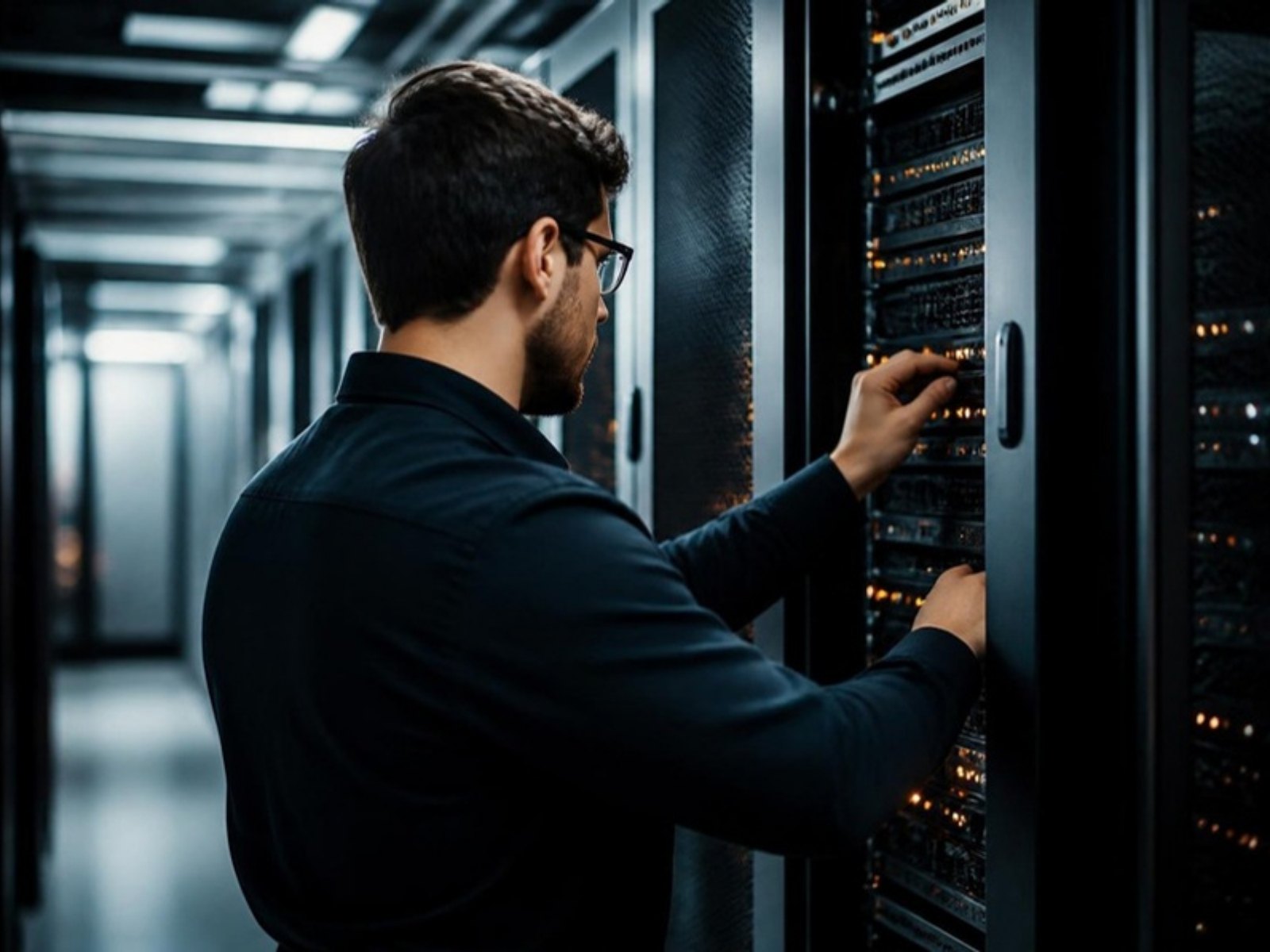 An engineer configuring a server rack