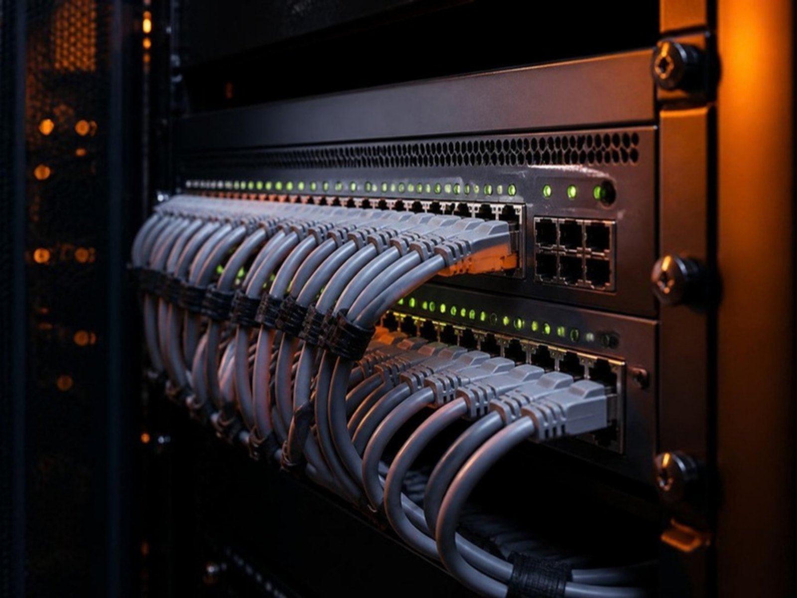 A rack-mounted network switch with patch cables