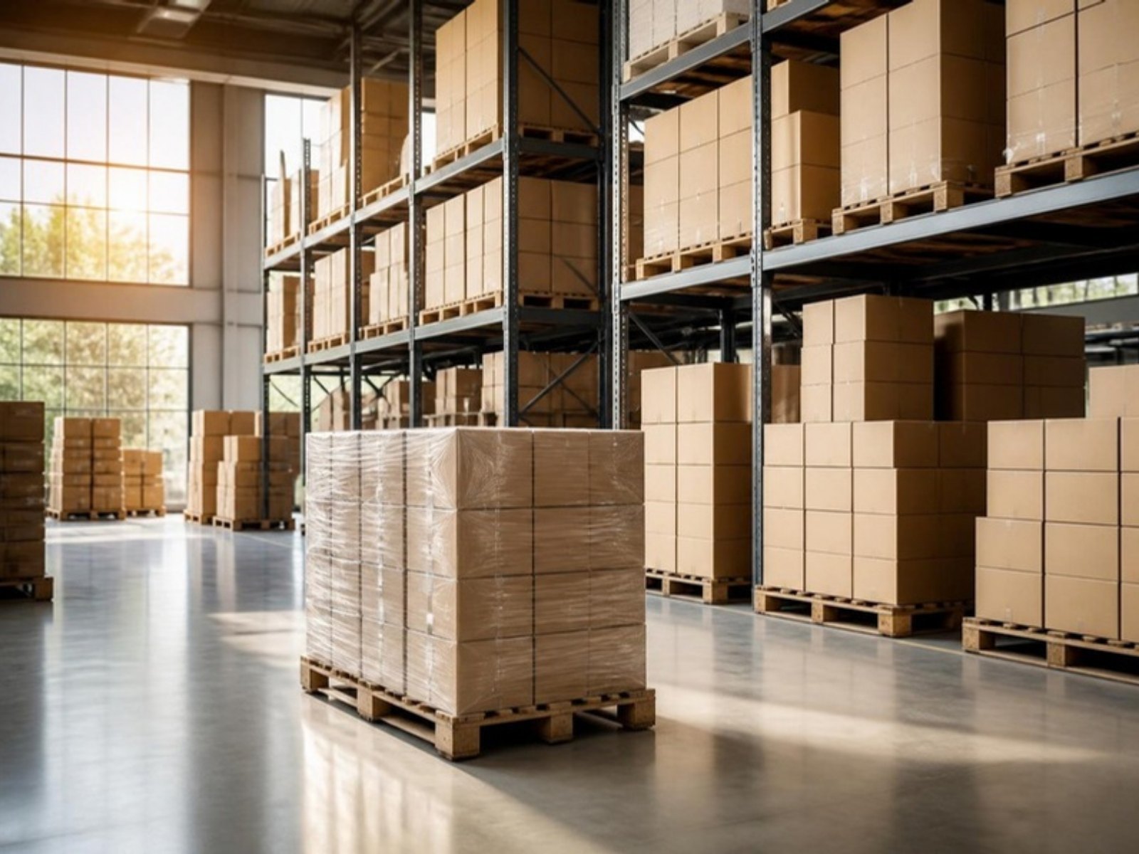 A distribution warehouse stacked with boxed electronics