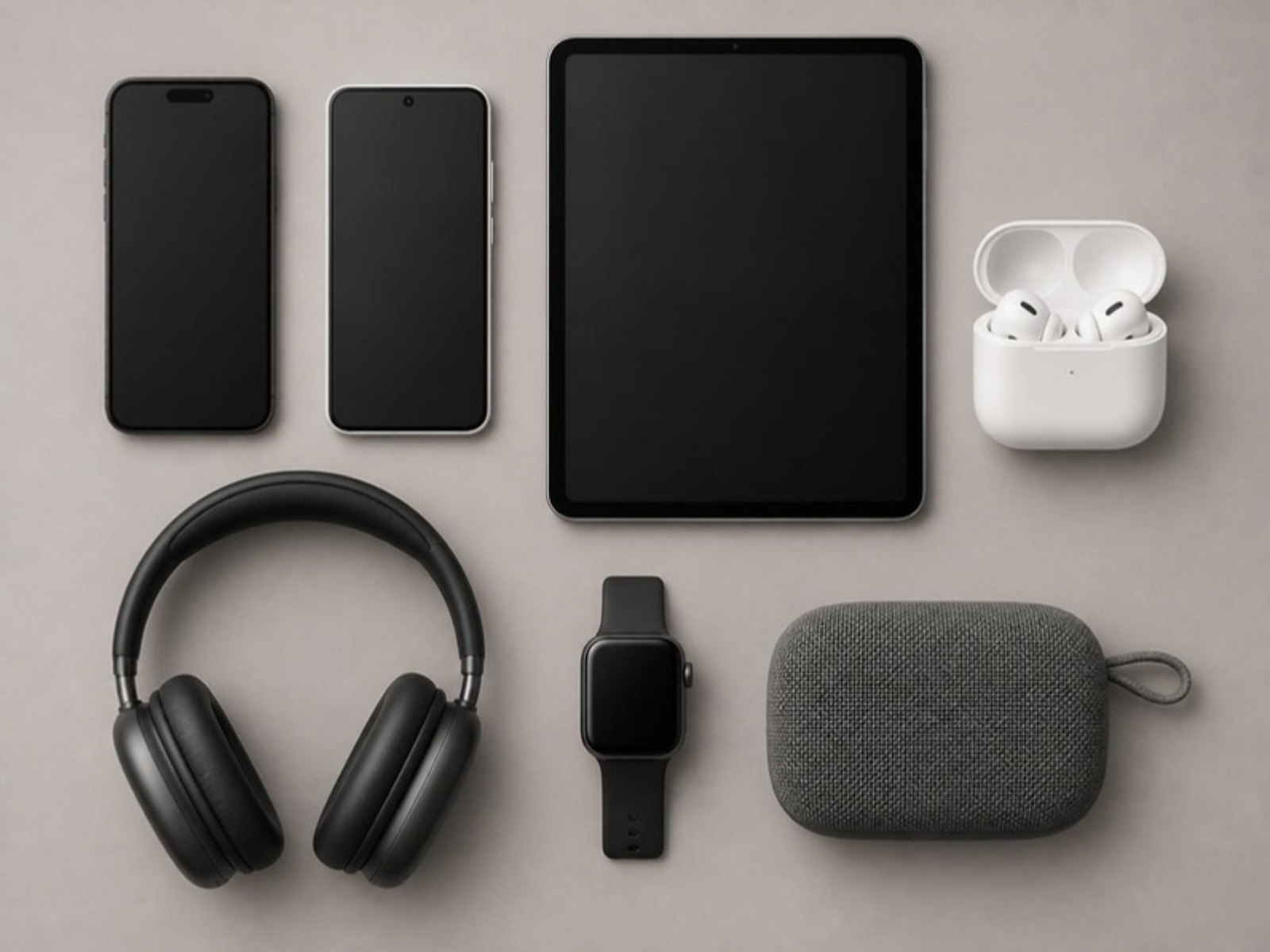 Smartphones, a tablet, headphones, earbuds, a smartwatch and a speaker laid out in a grid